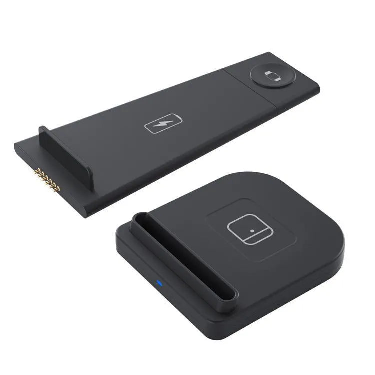 Foldable three-in-one wireless charger for mobile phone, headphones, and smartwatch in black or white