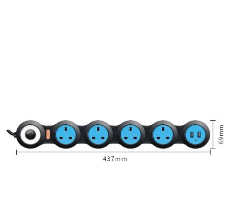 UK standard white power strip with five rotating sockets and two USB charging ports
