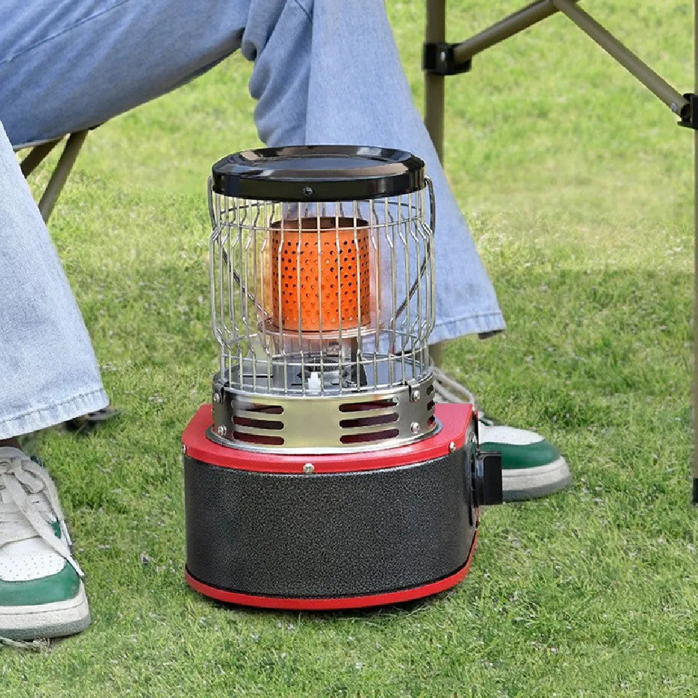 Multifunctional outdoor camping stove heater in army green with gas canister connection point