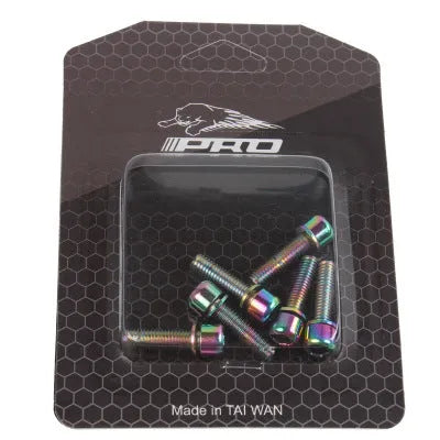 Six stainless steel mountain bike handlebar riser screws in seven colour options including black, blue, red, green, purple, gold, and colourful