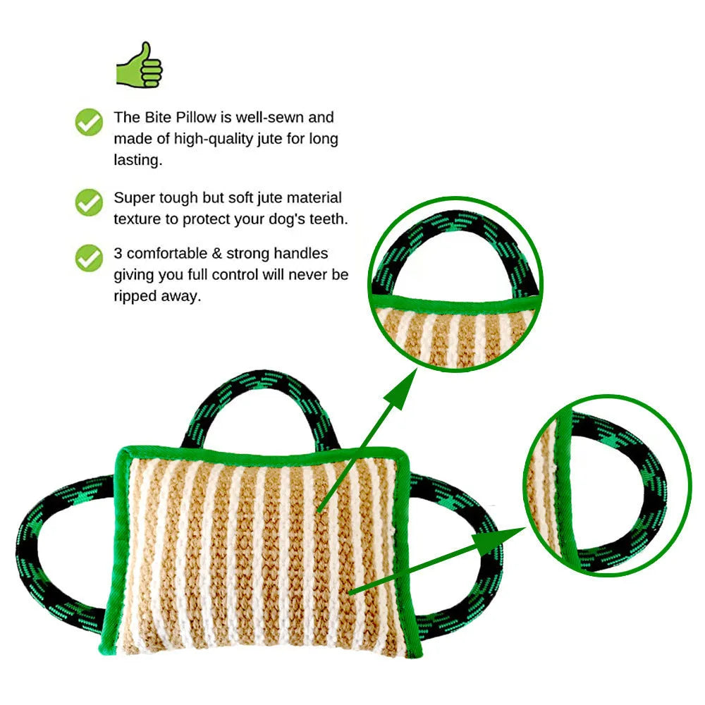 Jute dog tug toy with three rope handles and a central bite pillow for interactive play.