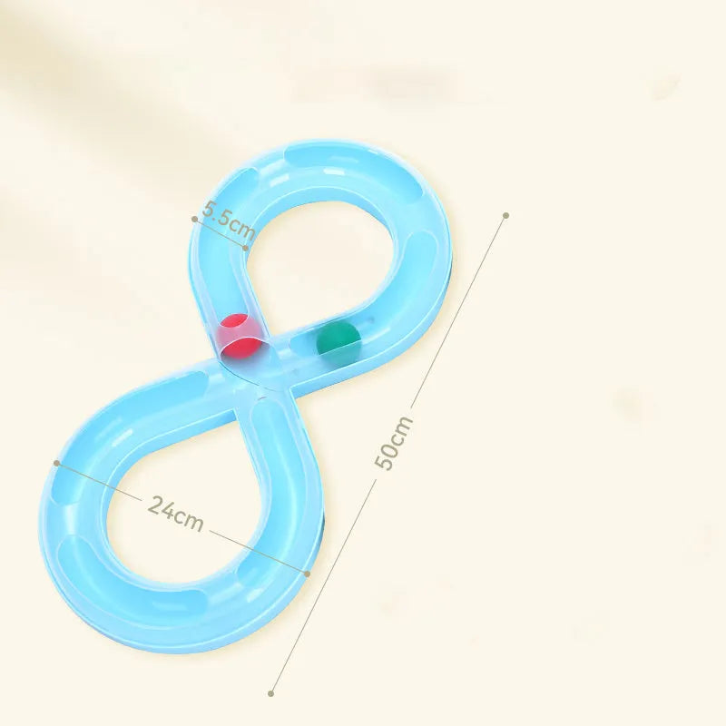 Multipack of four cat toys including a blue turntable track, a ball, and a teasing stick.