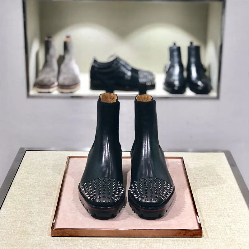 Leather high top business casual shoes in black with cowhide upper and leather sole