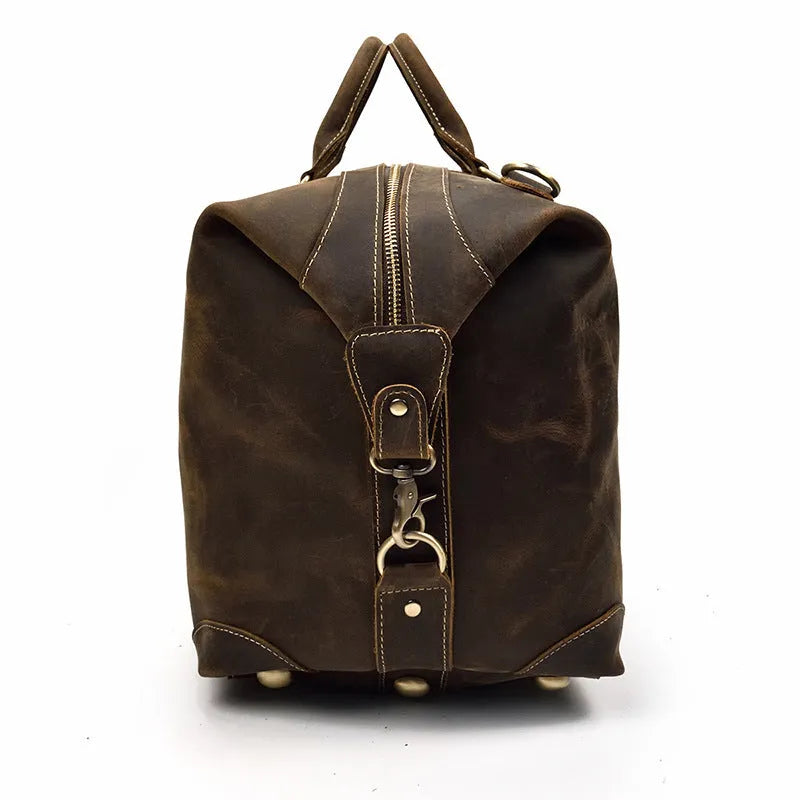 Crazy horse leather large capacity luggage bag in dark brown, 45cm length, with first layer cowhide construction