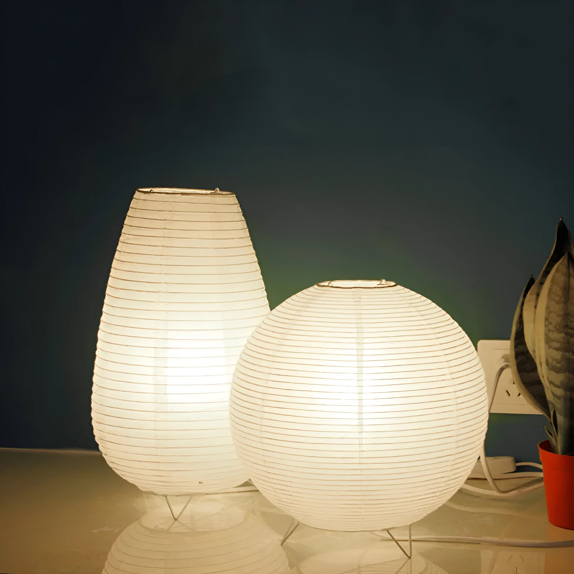 White handcrafted rice paper table lamp with plug for bedside or desk use