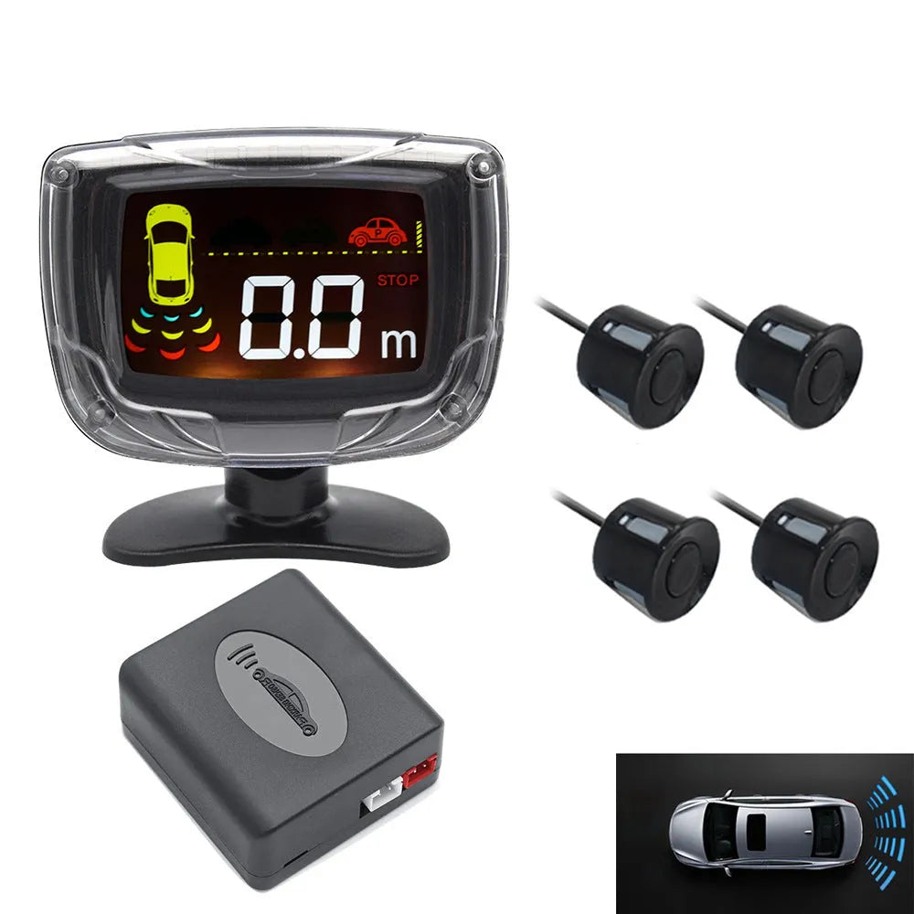Wireless reversing sensor kit for cars with main unit, four ultrasonic probes, LED display, and installation tools.