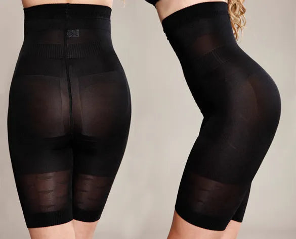 Black seamless high-waist shapewear shorts for women on a hanger.