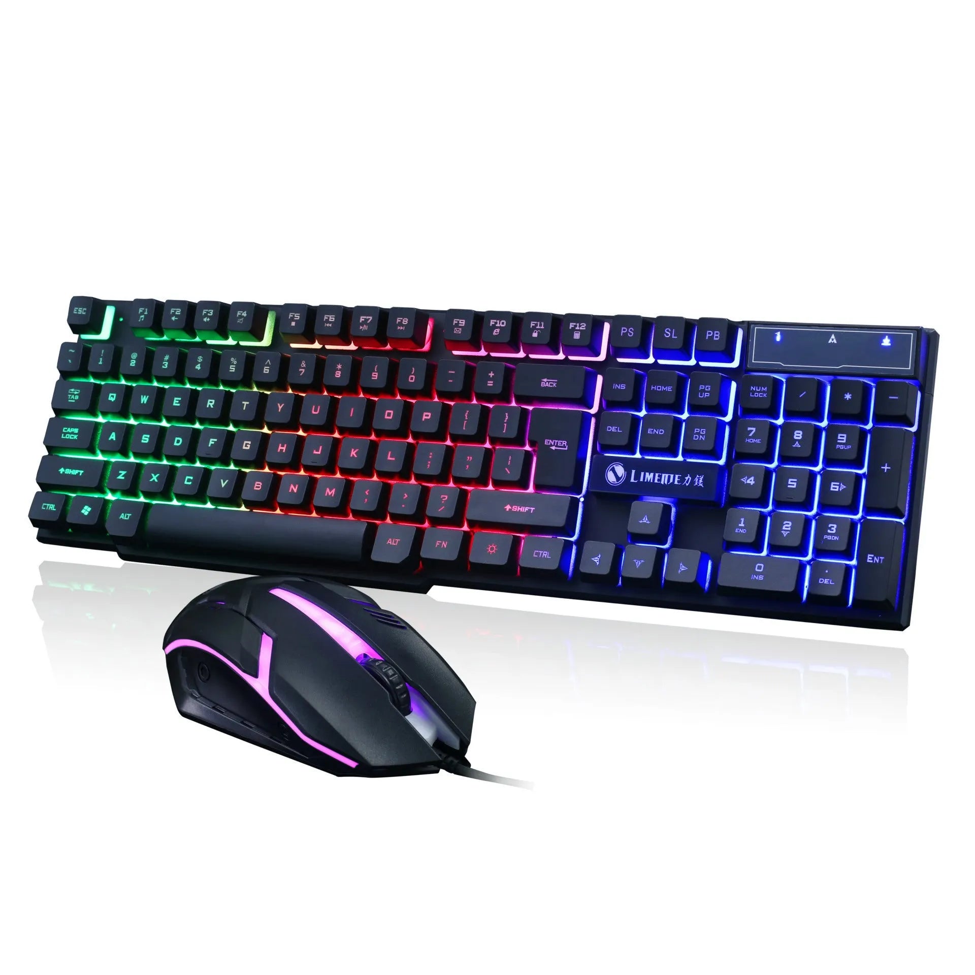 Limei GTX300 white mechanical keyboard and mouse set with backlit keys on a desk.