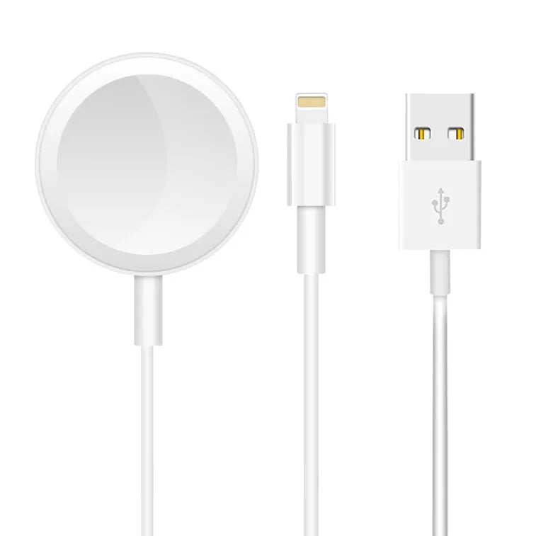 White two-in-one wireless smartwatch charger with USB connection port