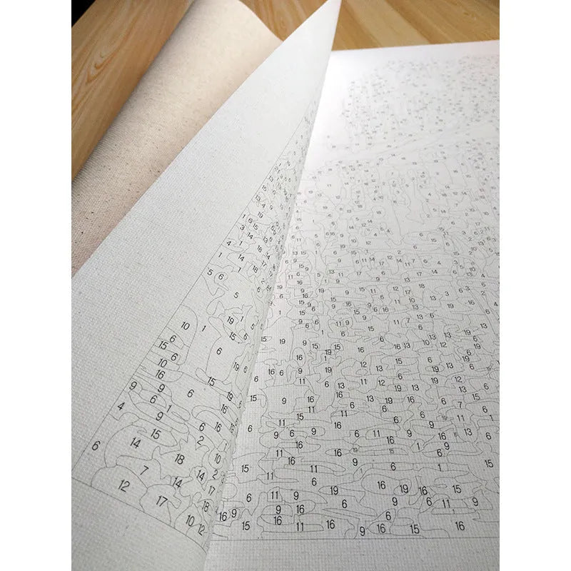 40x50cm landscape paint by numbers kit showing numbered linen canvas and set of acrylic paints