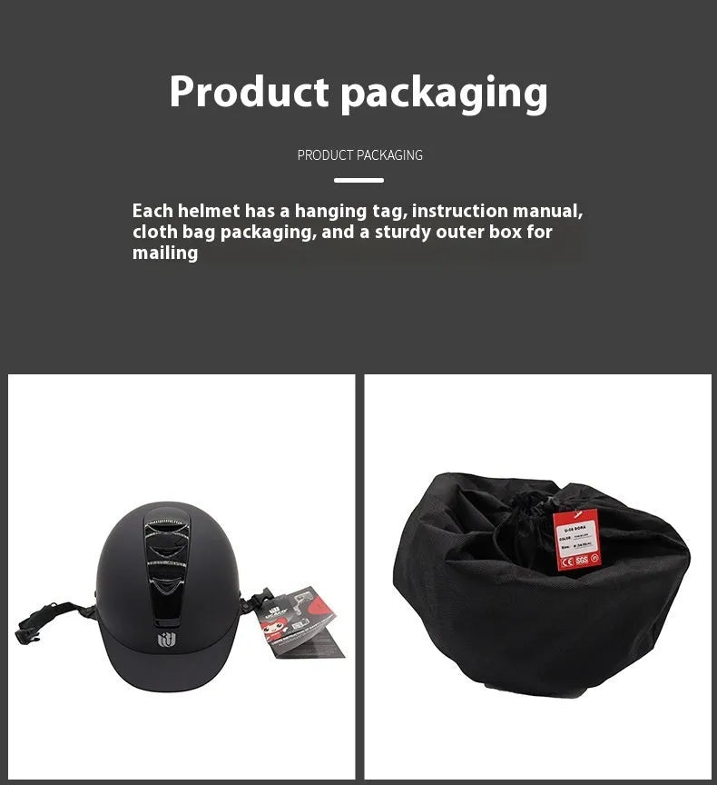 Lightweight ABS EPS equestrian helmet in bright black colour showing sizing options for horse riding