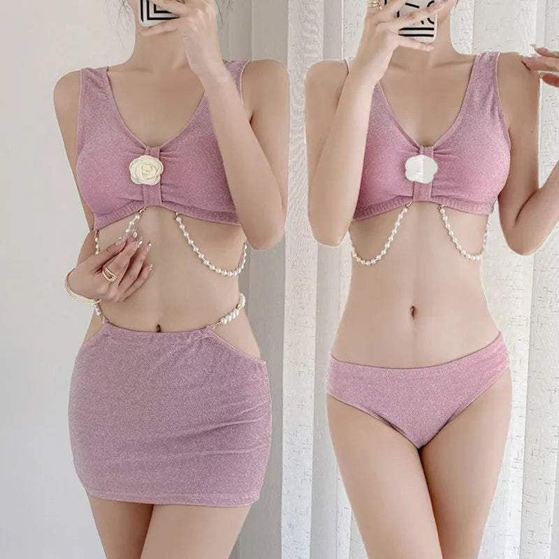 Women's pink or black three-piece polyester bikini swimsuit with high elasticity for swimming and hot springs