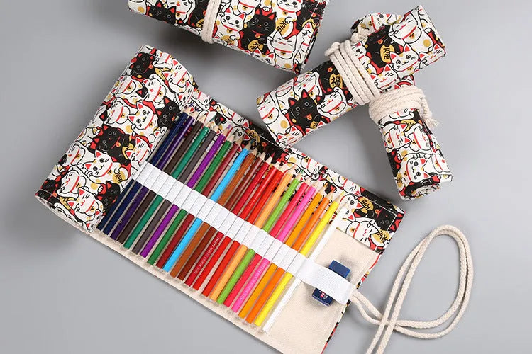 Canvas pencil wrap roll up case with elastic bands showing multiple slots for pens and pencils