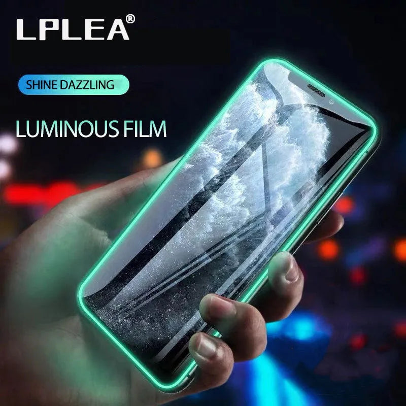 Luminous tempered glass screen protector for iPhone with glowing edges in dark setting