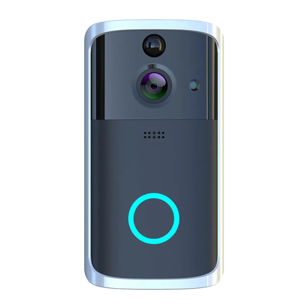 Black WiFi video doorbell camera with infrared night vision and two-way intercom against a white wall