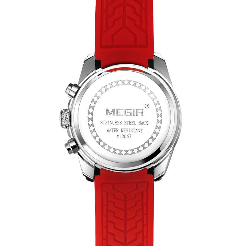 Multifunctional quartz sports watch with 46mm dial, silicone strap, and alloy case in black
