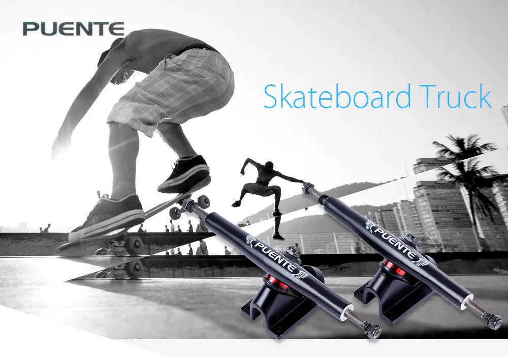 Puente alloy skateboard bracket set in black with hex nut, impact resistant for standard skateboards