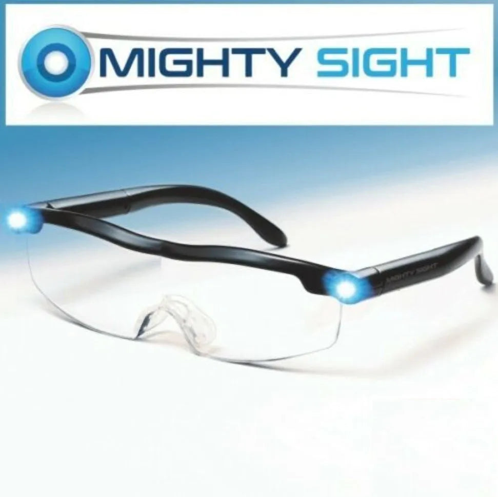 Transparent black USB LED reading glasses with integrated lights on the frame.