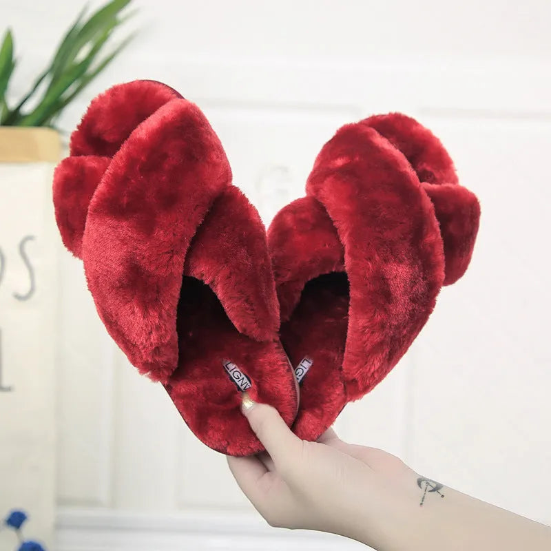 Women's cross open-toe fur slippers with patterned non-slip sole in multiple colour options