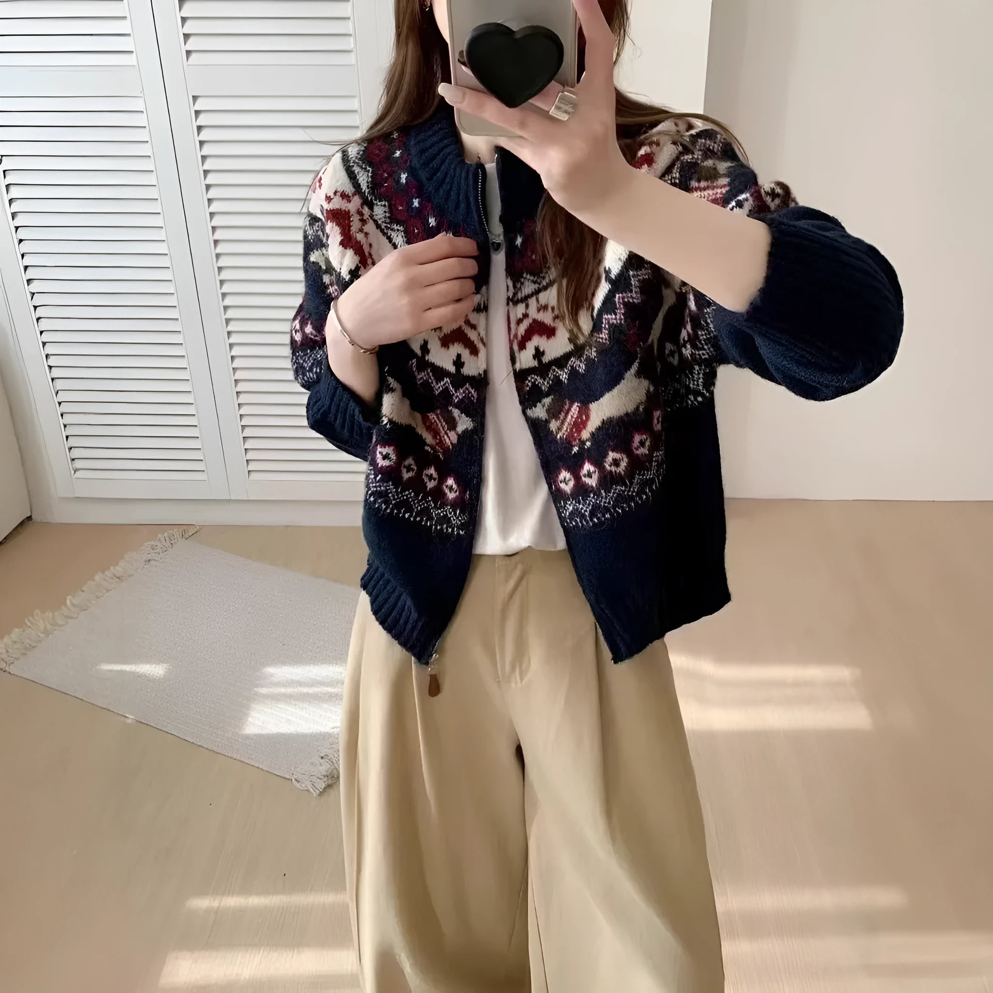 Ethnic style heavy industry jacquard pullover sweater with 3D pattern, shown in beige apricot and navy blue colours.