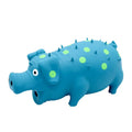 Blue latex pig-shaped dog chew toy with textured surface and squeaker on a wooden floor.
