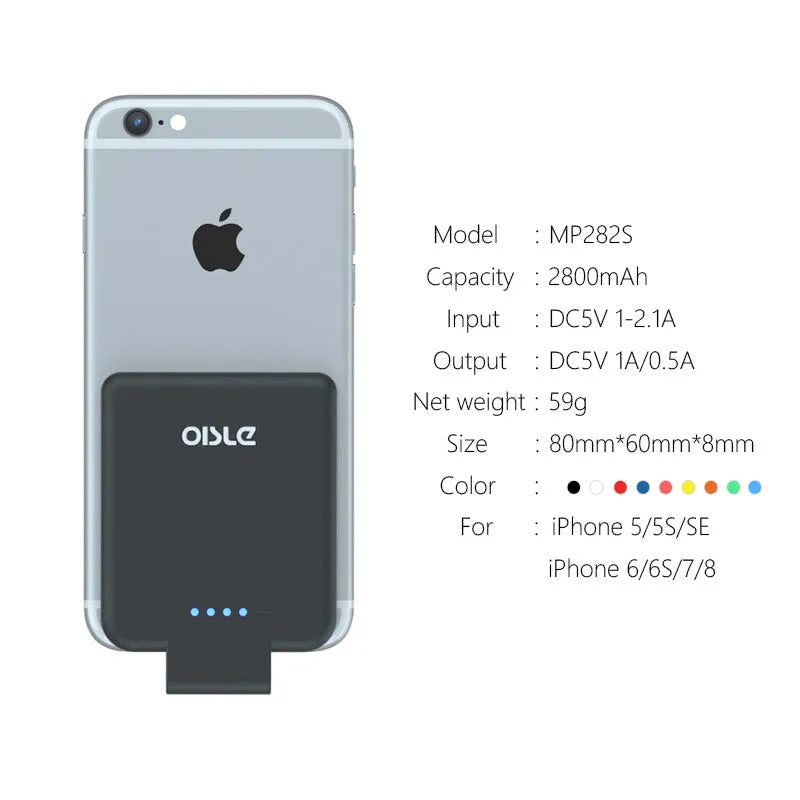 Slim 4500mAh back clip battery for iPhone Android Type-C phones in black, white, blue, pink, red