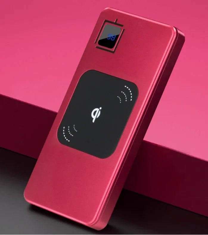 Black portable power bank with LCD display showing battery level, alloy shell, compact rectangular design