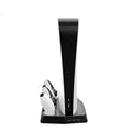 Black PS5 charging cooling base with USB hub, dual controller charging stations, and cooling fan