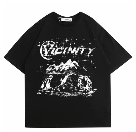 Men's grey hip hop graphic print t-shirt on a hanger, showing retro design on polyester fabric.