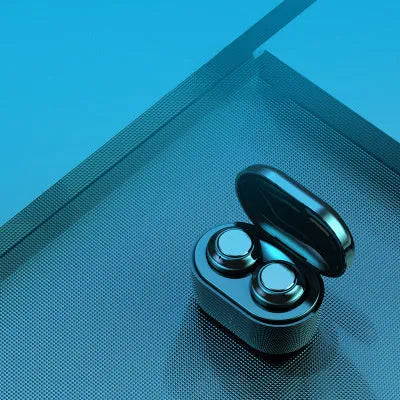 Black stereo Bluetooth wireless earbuds with earplug design for hands-free calls and music.