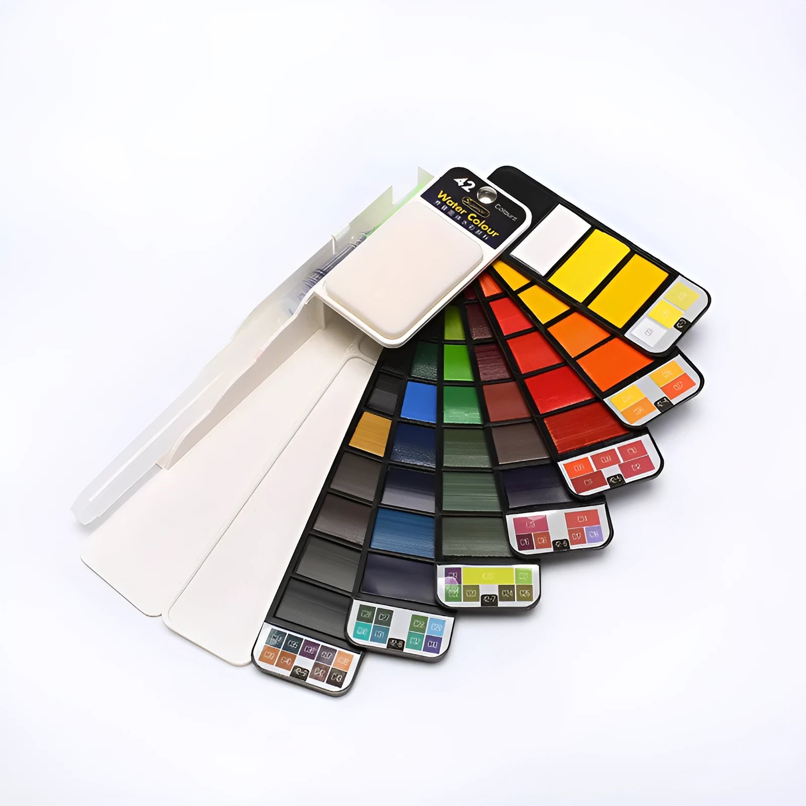 Fan-shaped folding solid watercolour paint set with fountain pen and sponge in transparent plastic box
