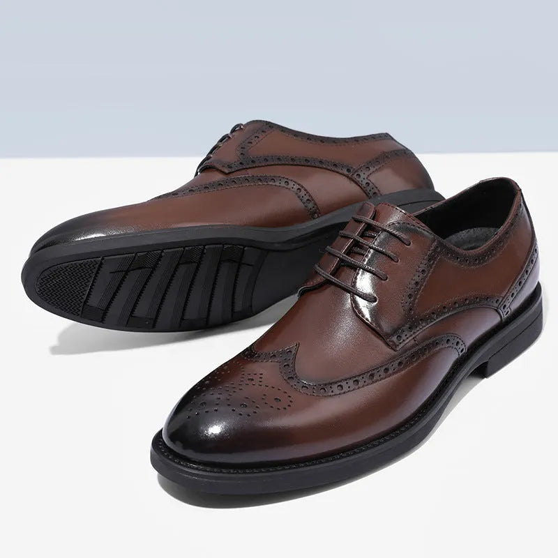 Men's black and brown PU leather brogue shoes for business formal attire.