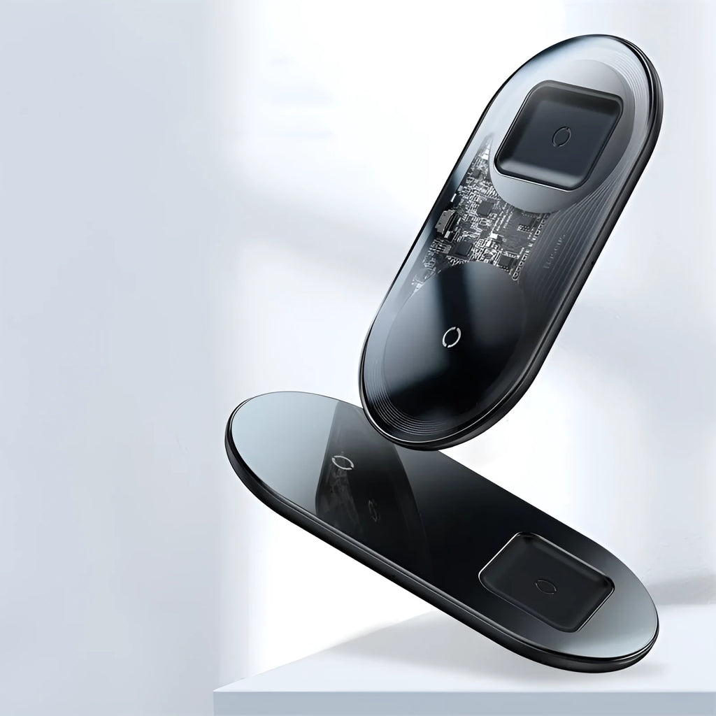 Two-in-one fast wireless charging pad with breathing light, aluminium and glass build, black colour, shown on desk
