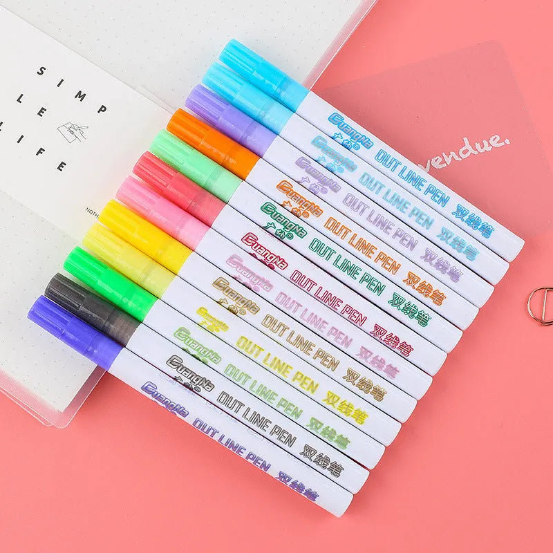 Set of highlighter pens with 1-2mm tips and water-based ink in various colours for student and office use.