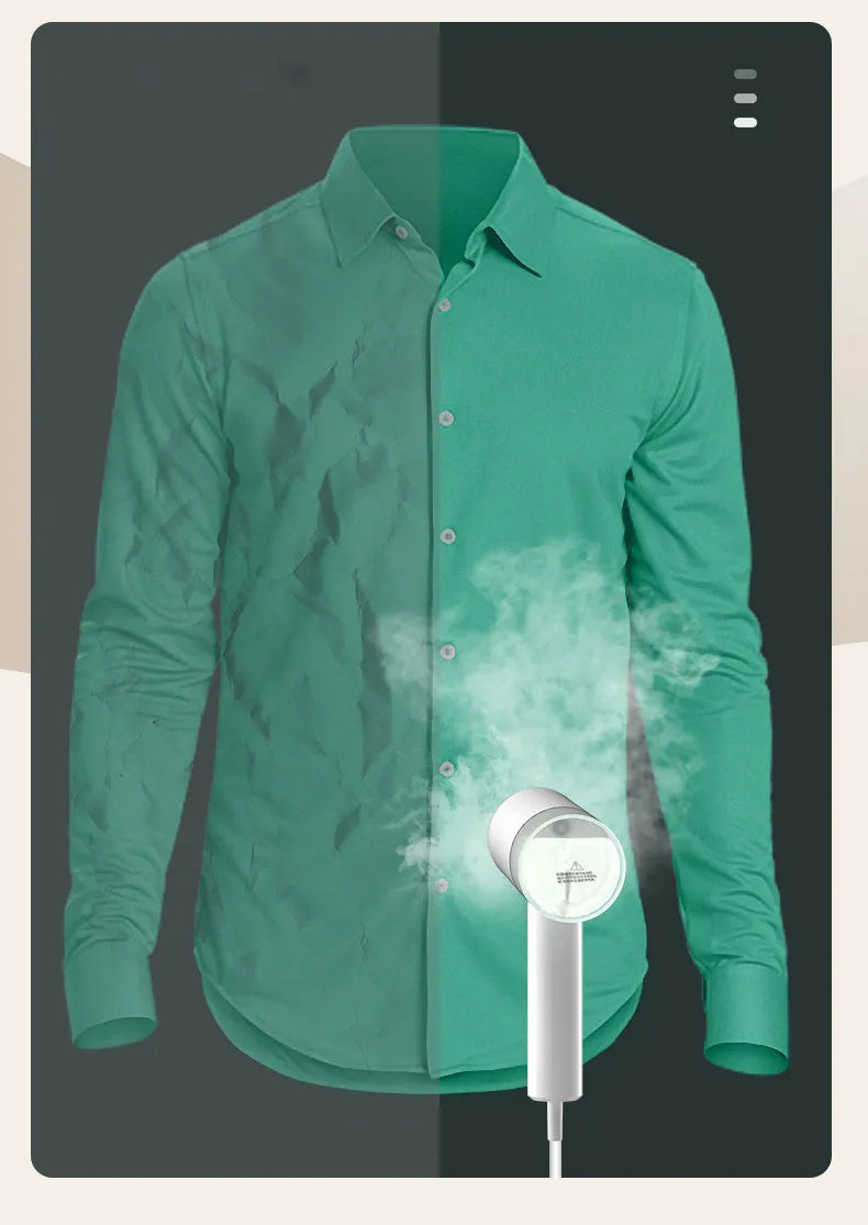 White hanging garment steamer with hand-held hook and stainless steel panel.
