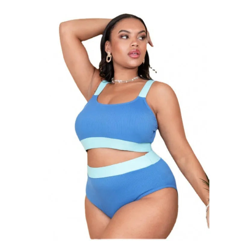 Women's pure colour high waist bikini set with stitching details in extended sizes 0XL to 4XL