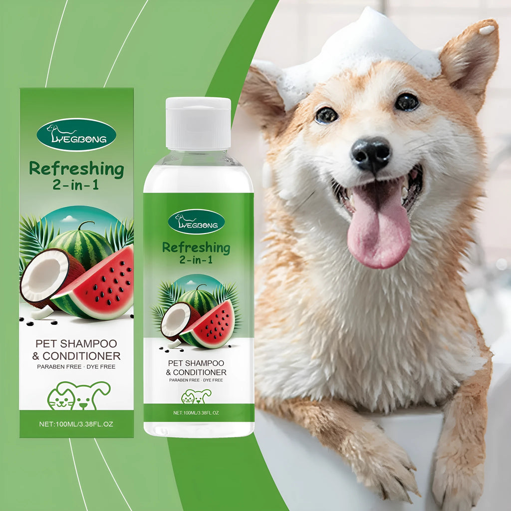 100ml bottle of 2-in-1 pet shampoo and shower gel with watermelon and coconut extract.