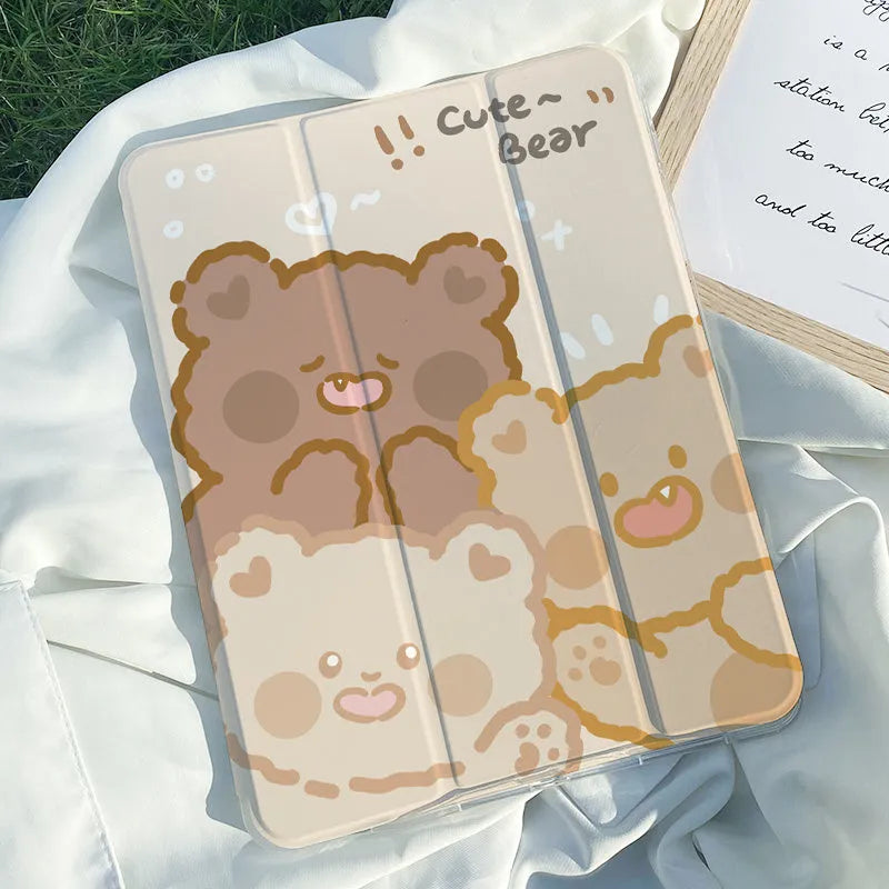 Silicone tri-fold protective case for iPad with cartoon rabbit design, showing front cover folded back.