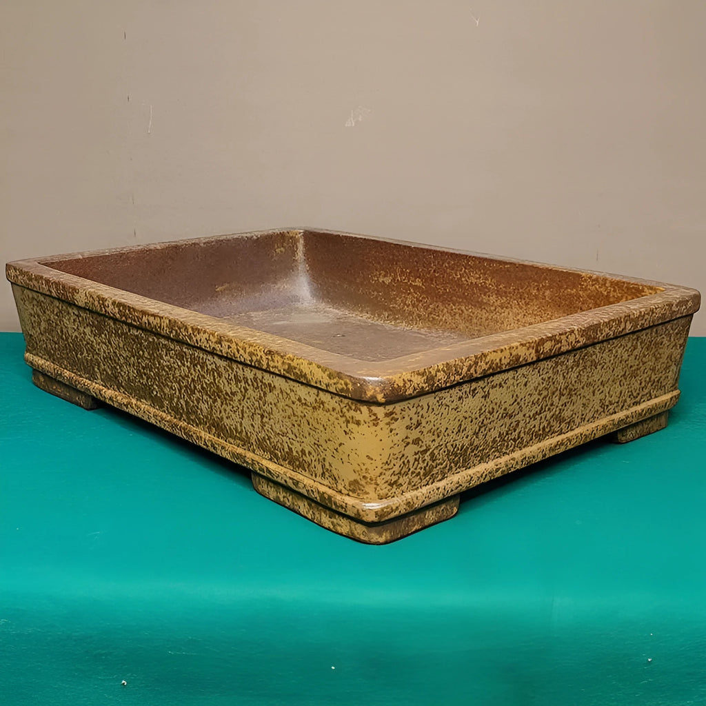 Straight-sided shallow rectangular flower pot made from unglazed Yixing purple sand clay, on a wooden surface.