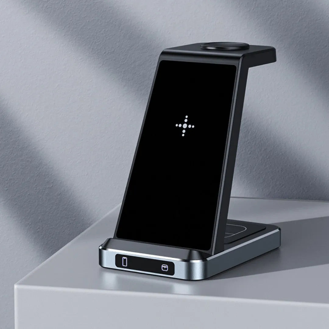 Black three-in-one wireless charger with phone watch and earbuds on charging pad