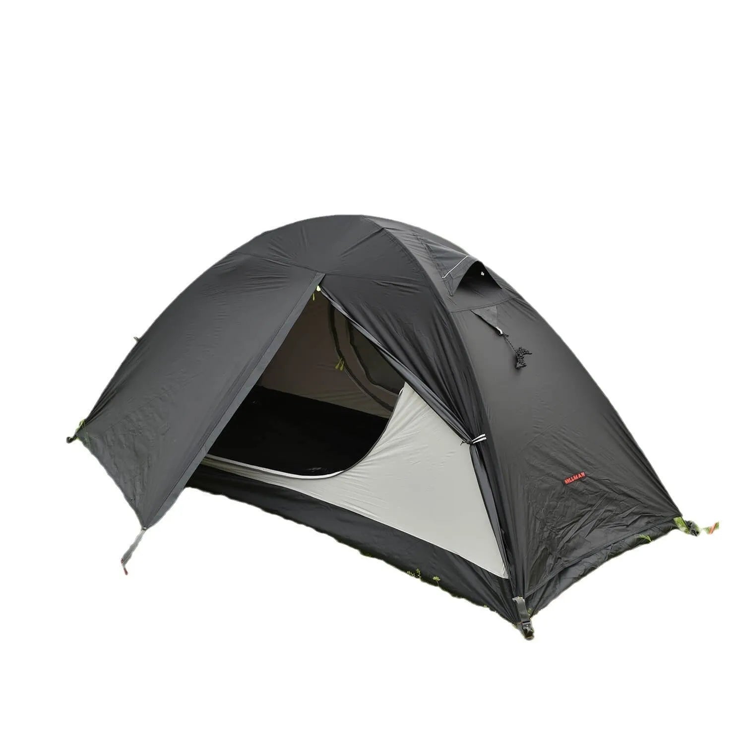 Single person green tunnel tent with aluminium poles pitched in a forest, showing mesh door and waterproof flysheet.