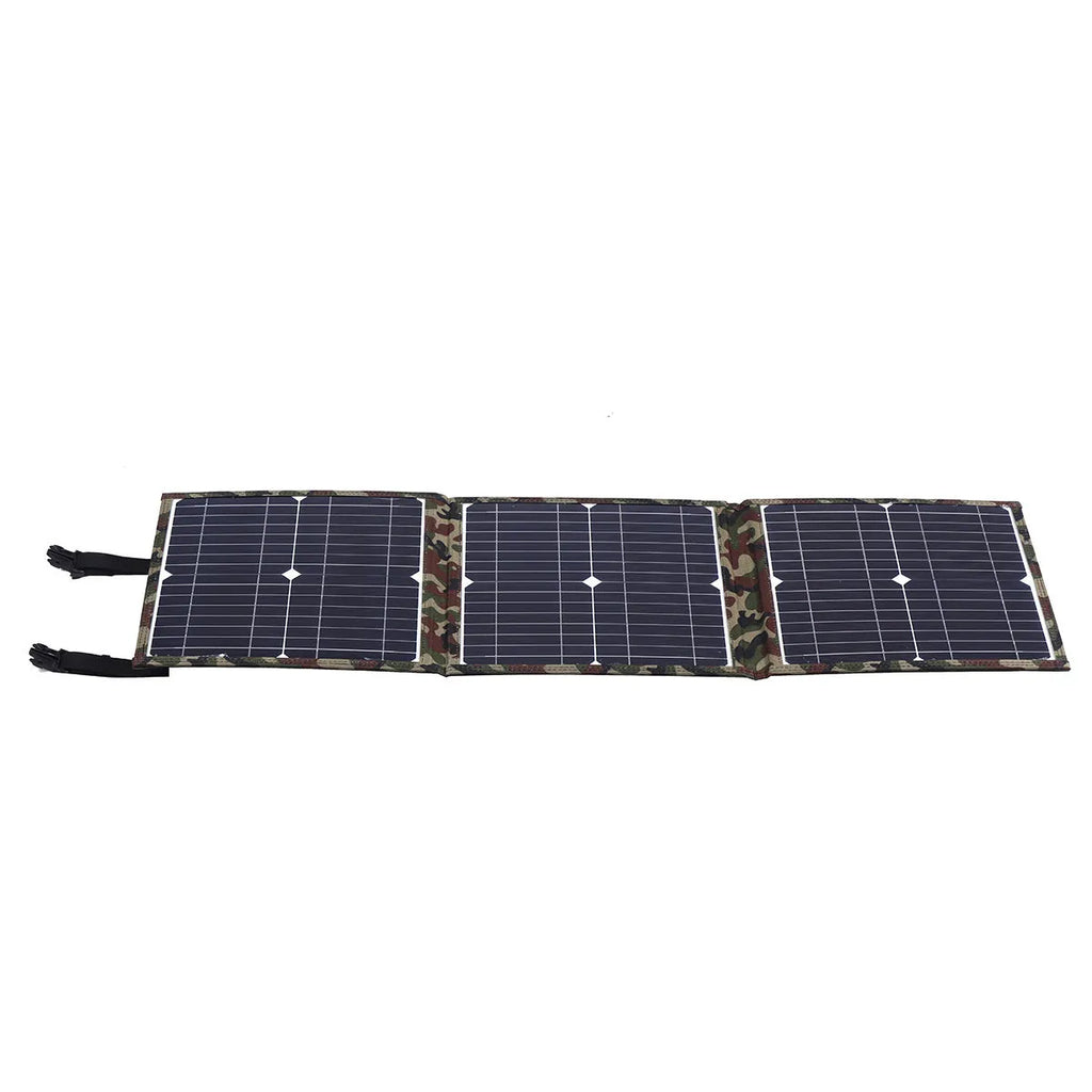 Black foldable 36W portable solar panel unfolded, showing three solar cells and included charging accessories.