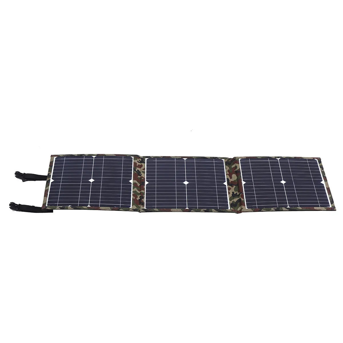 Black foldable 36W portable solar panel unfolded, showing three solar cells and included charging accessories.