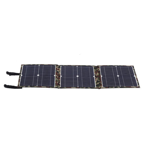 Black foldable 36W portable solar panel unfolded, showing three solar cells and included charging accessories.