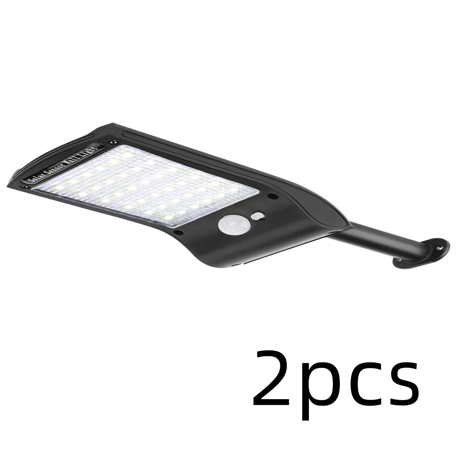 Black solar-powered outdoor wall light with motion sensor, diamond-pattern casing, and adjustable mounting pole.