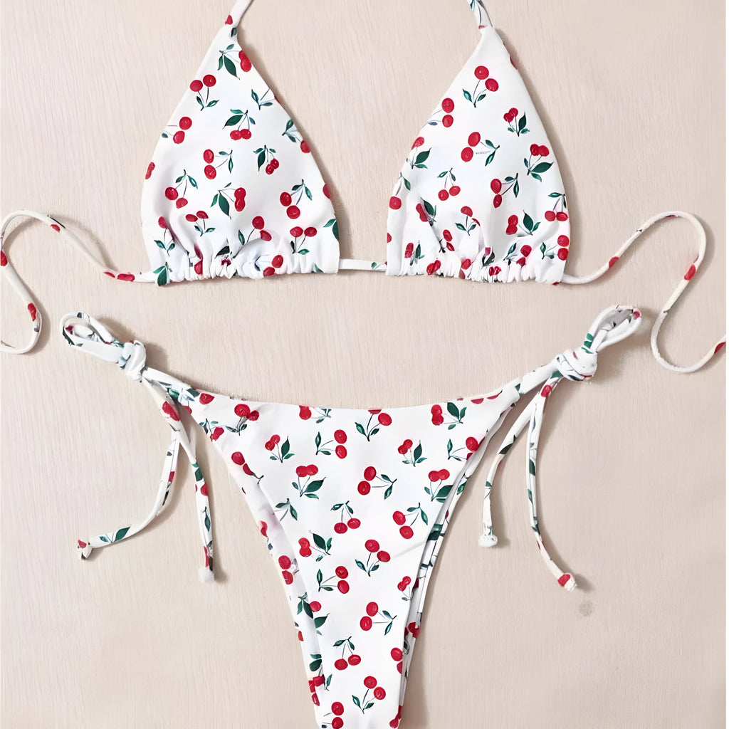 Holiday split halter bikini swimwear set with briefs style bottoms in solid colour