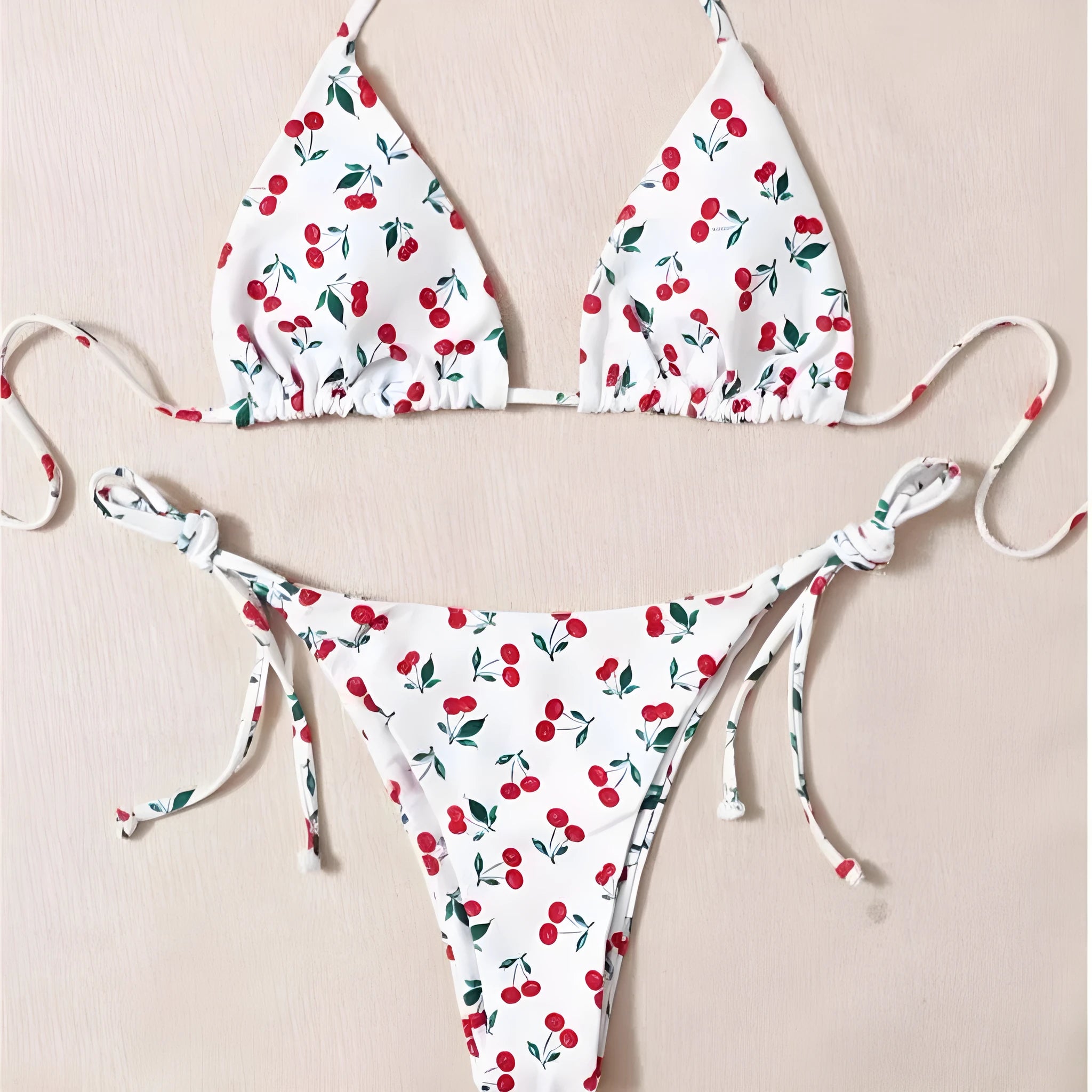 Holiday split halter bikini swimwear set with briefs style bottoms in solid colour