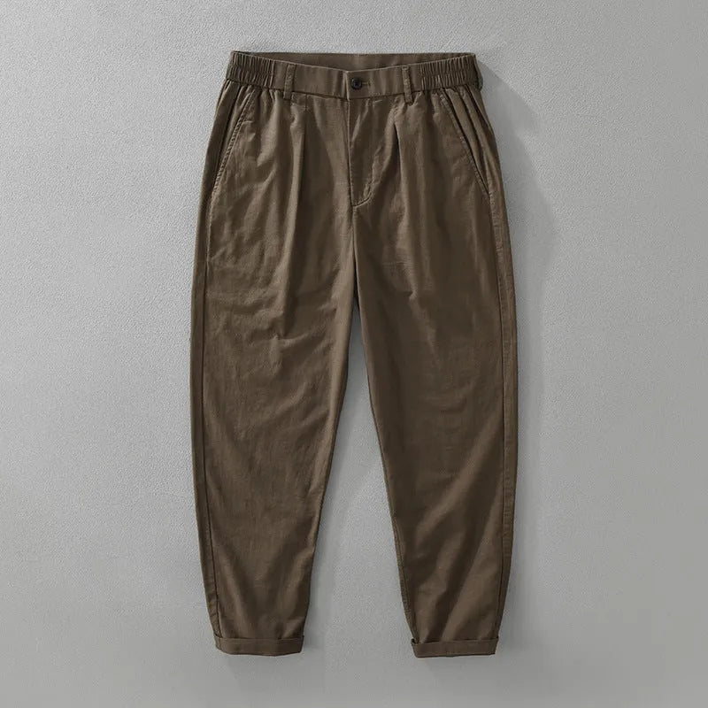 Men's straight-leg cotton linen trousers in loose fit with Japanese retro style, shown in black colour