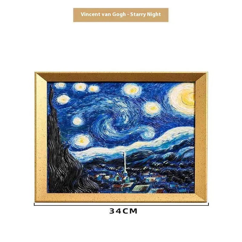 DIY hand drawn oil painting kit showing epoxy pottery base, propylene paints, brushes, and a completed framed Van Gogh 'Starry Night' example.