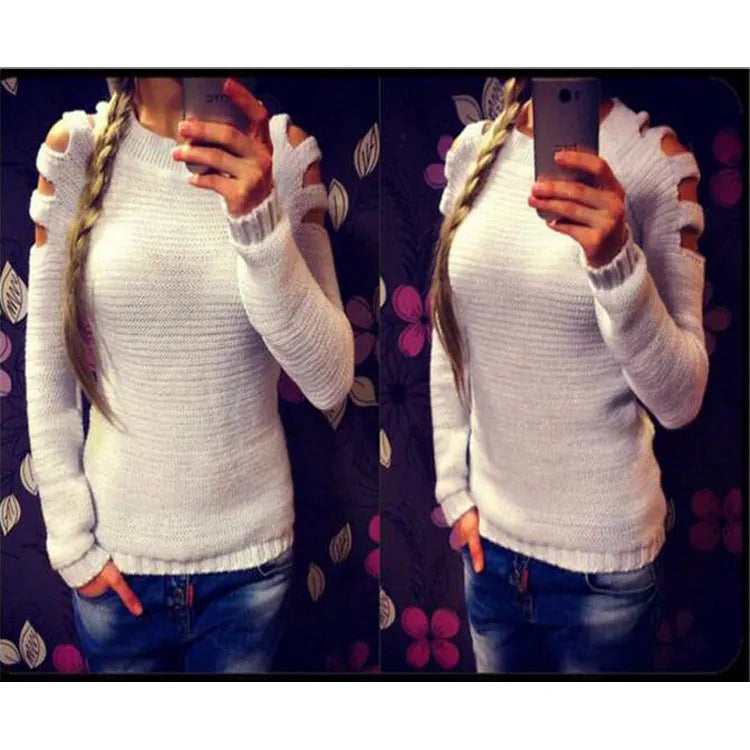 Women's grey solid colour jumper with hollow-out crochet pattern and round neck